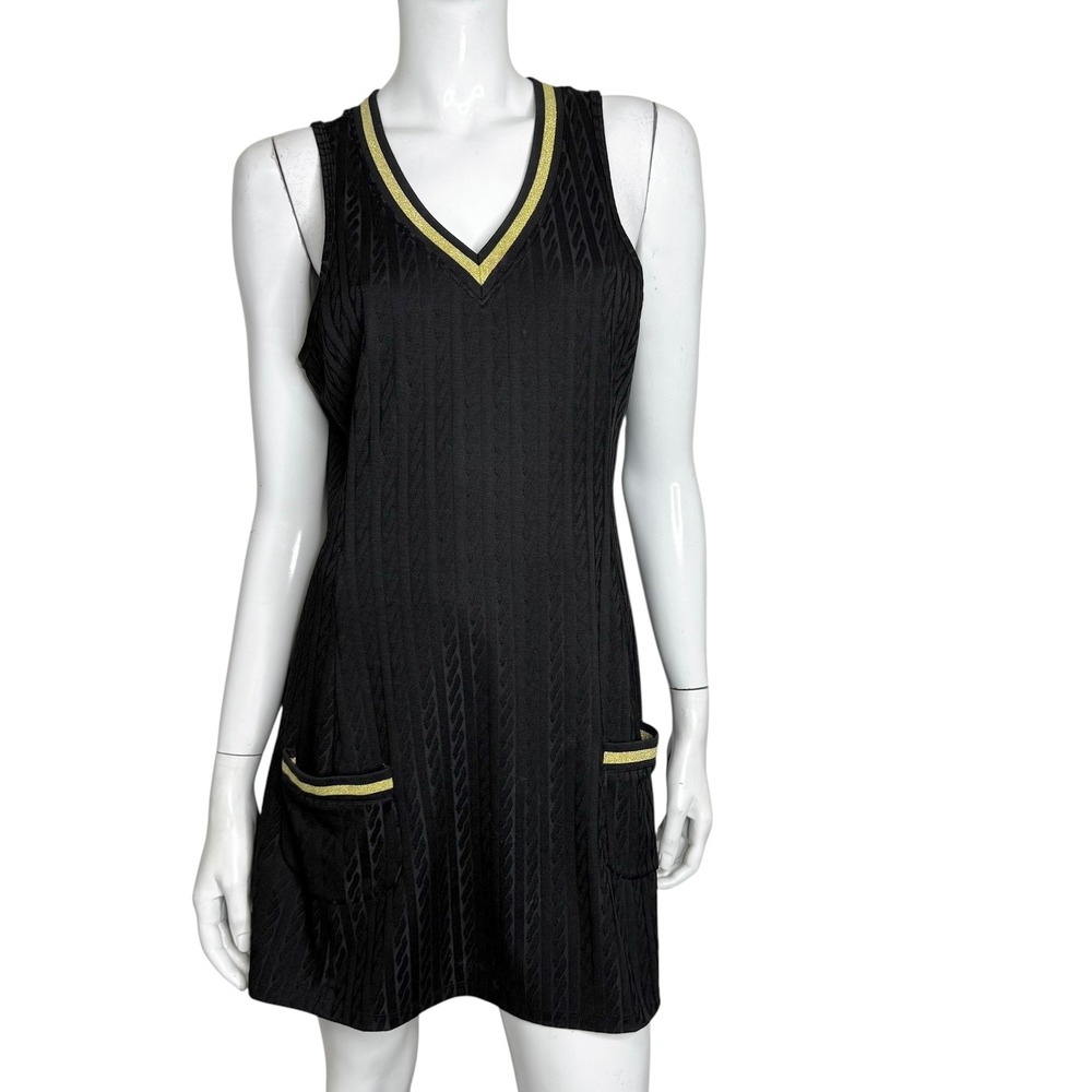 Fila Womens Black Textured Cable Knit Tennis Dress Gold Trim Size Medium